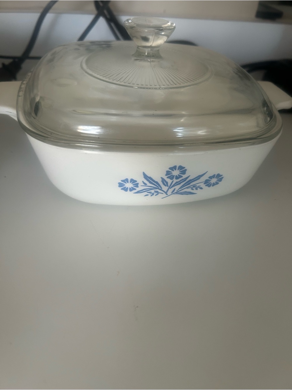 Corningware White Casserole with Blue Floral Pattern and Glass Lid
